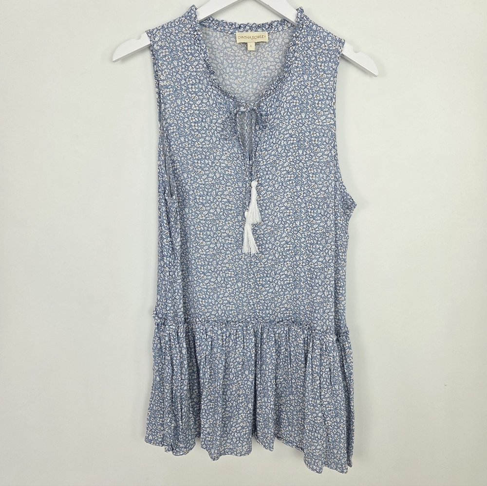 Cynthia Rowley Blue Floral Sleeveless Peasant Top Size L